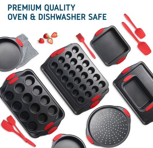 JoyTable Baking Pans Set - 15PC Baking Set with Silicone Handles, Durable Steel Baking Tray Set for Oven, BPA Free Bakeware Sets, Oven Safe Bakeware for Baking, Nonstick Set with Utensils, Black & Red- NEW IN BOX!!!!