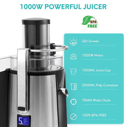 Healnitor Juice Extractor, 1000W 5-SPEED LCD Screen, Silver- NEW IN BOX!!!!