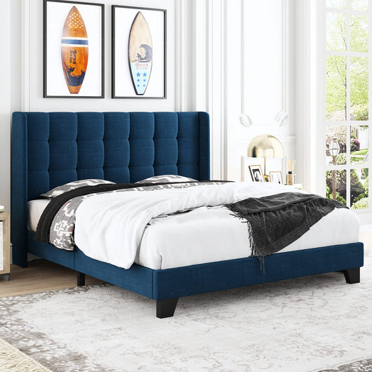 Allewie Queen Size Platform Bed Frame with Wingback / Fabric Upholstered Square Stitched Headboard and Wooden Slats / Mattress Foundation / Easy Assembly, Navy Blue**New in box**