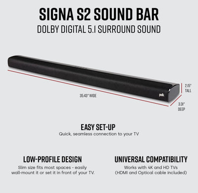 Polk Audio Signa S2 Ultra-Slim TV Sound Bar | Works with 4K & HD TVs | Wireless Subwoofer | Includes HDMI & Optical Cables | Bluetooth Enabled, Black- NEW IN BOX!!!