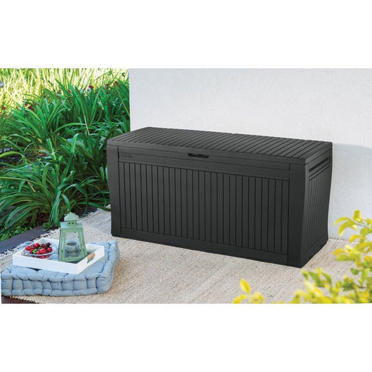 Keter Comfy Outdoor Storage 71 Gallon Resin Deck Box, Anthracite Gray**New and assembled**