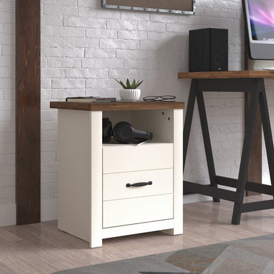 Hillsdale Lancaster Farmhouse Oak Top End Table with USB Ports and Power Outlet, Ivory/Oak**New in Box**