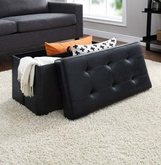 Mainstays Collapsible Storage Ottoman, Quilted Black Faux Leather- NEW OUT OF BOX!!!