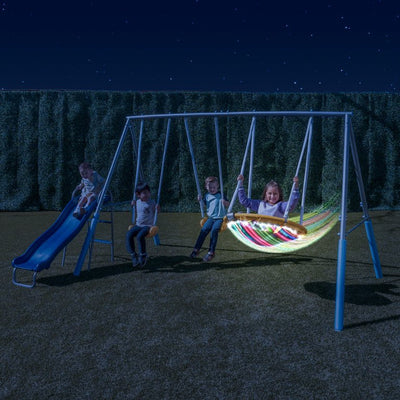 Sportspower Comet Metal Swing Set with LED Light Up Saucer Swing, 2 Swings & 5ft Slide**New in Box**