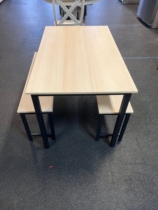 AWQM Dining Table Set for 4, Kitchen Table Set with 2 Benches, 47.2Inch 3-Piece Dining Room Table Set with Metal Frame and MDF Board, Sturdy Structure, Space-Saving, Oak- NEW AND ASSEMBLED!!! (One corner has minor chipped from shipping)