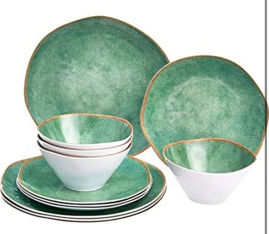 Amazon Basics 12-Piece Melamine Dinnerware Set - Service for 4, Teal Weathered Crackle**New in box**