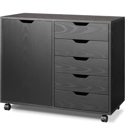 DEVAISE 5-Drawer Wood Dresser Chest with Door, Mobile Storage Cabinet, Printer Stand for Home Office, Black- NEW IN BOX!!!