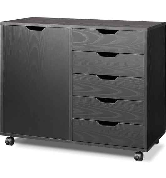 DEVAISE 5-Drawer Wood Dresser Chest with Door, Mobile Storage Cabinet, Printer Stand for Home Office, Black- NEW IN BOX!!!