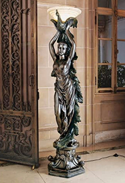 Design Toscano The The Peacock Goddess Sculptural Floor Torchière Lamp, 74 Inch, Bronze Verdigris Finish- BRAND NEW - SHIPPING DAMAGES - SEE PICS PLEASE