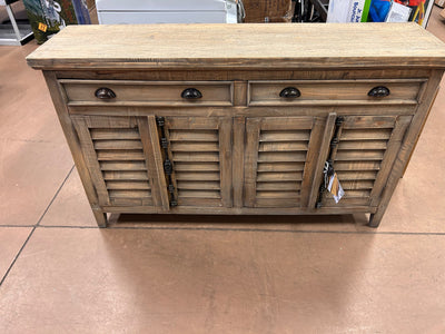Sunset Trading Cottage Shutter Door Credenza Solid Wood Sideboard | Fully Assembled Cabinet Buffet Server, 58" Wide, Distressed Driftwood Brown!