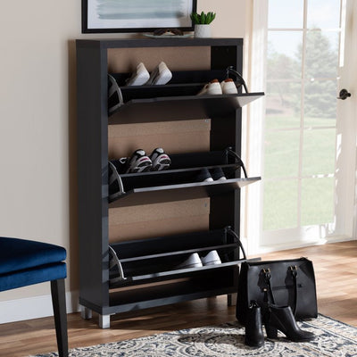 Baxton Studio Simms Modern and Contemporary Dark Grey Finished Wood Shoe Storage Cabinet with 6 Fold-out Racks**New in Box**