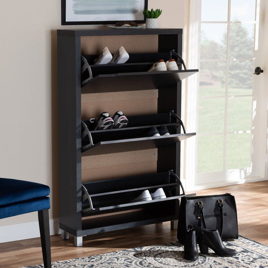 Baxton Studio Simms Modern and Contemporary Dark Grey Finished Wood Shoe Storage Cabinet with 6 Fold-out Racks**New in Box**