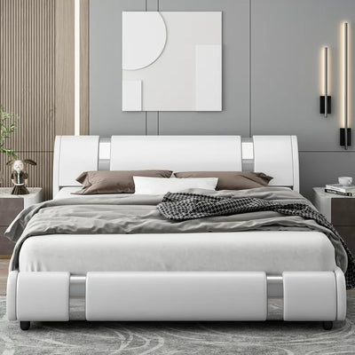 Homfa Full Size Bed Frame, Modern Leather Upholstered Platform Bed Frame with Adjustable Headboard, White**New in box**
