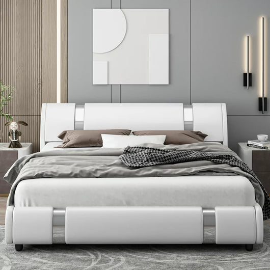 Homfa Full Size Bed Frame, Modern Leather Upholstered Platform Bed Frame with Adjustable Headboard, White**New in box**
