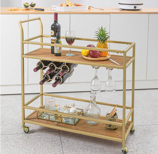 Flora Store Bar Cart Gold, Home Bar Serving Cart with Wine Rack and Glass Holder- NEW AND ASSEMBLED!!!
