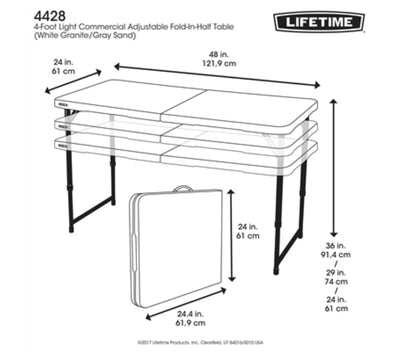 Lifetime 4' Fold-In-Half Adjustable Table, White Granite- NEW OUT OF BOX!!!