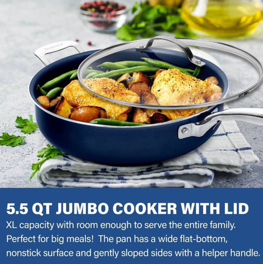 Granitestone Jumbo Cooker with Lid, Nonstick Triple Coated Surface, Family Sized Open Skillet with Stainless Steel Stay Cool & Helper Handle, Oven and Dishwasher Safe, Classic Blue- NEW!!!