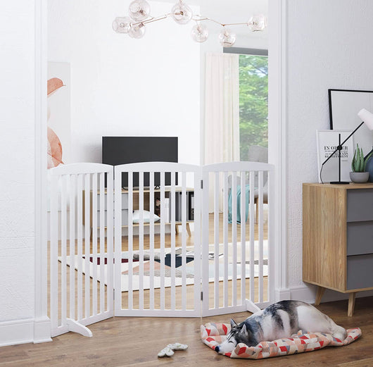 PAWLAND 36” Wooden Freestanding Foldable Pet Gate for Dogs, 3 Panels Step Over Fence, Support Feet Included, Dog Gate for The House, Doorway, Stairs, Extra Wide, White!  -Brand new in the box