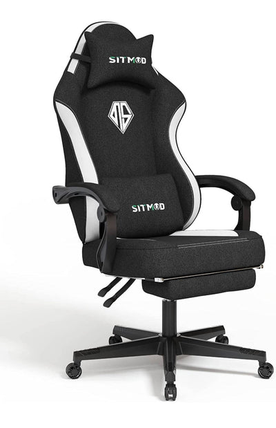 SITMOD Gaming Chair with Footrest-PC Computer Ergonomic Video Game Chair-Backrest and Seat Height Adjustable Swivel Task Chair for Adults with Headrest and Lumbar Support, Black and White- NEW AND ASSEMBLED!!!