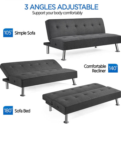 Yaheetech Modern Convertible Futon Sofa Bed w/ 2 Integrated USB Charging Ports Fabric Loveseat Couch Metal Legs, 3 Angles Adjustable Back for Compact Living Space, Apartment, Dorm, Bonus Room Gray**New in Box**
