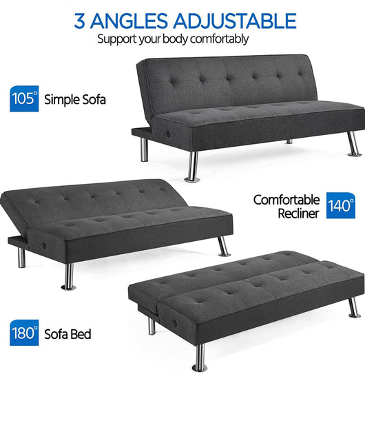 Yaheetech Modern Convertible Futon Sofa Bed w/ 2 Integrated USB Charging Ports Fabric Loveseat Couch Metal Legs, 3 Angles Adjustable Back for Compact Living Space, Apartment, Dorm, Bonus Room Gray**New in Box**