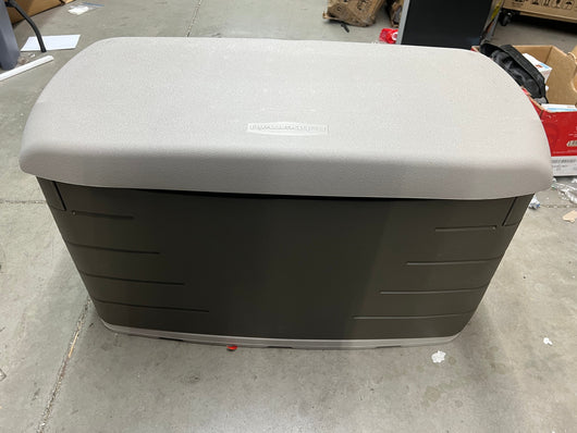Rubbermaid Outdoor Large Deck Box with Seat, Green, 73 Gallon- NEW AND ASSEMBLED, MINOR SHIPPING DAMAGE (PHOTOS SHOWN)!!