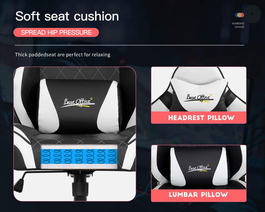 Best Office Gaming Chair Big and Tall Office Chair 400lbs Wide Seat Ergonomic Desk Chair Task Rolling Swivel Adjustable Racing Computer Chair with Lumbar Support Armrest Headrest for Home Office,White**New and assembled**
