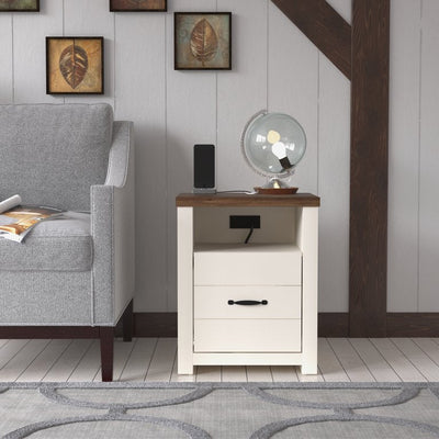 Hillsdale Lancaster Farmhouse Oak Top End Table with USB Ports and Power Outlet, Ivory/Oak**New in Box**