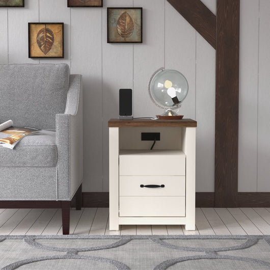 Hillsdale Lancaster Farmhouse Oak Top End Table with USB Ports and Power Outlet, Ivory/Oak**New in Box**