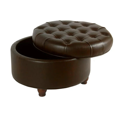 HomePop Large Tufted Round Storage Ottoman, Brown Faux Leather fabric**New**