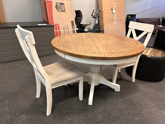 Roundhill Furniture Prato 3-Piece Round Dining Table Set with Cross Back Chairs, Antique White and Distressed Oak! (SOLID WOOD)  -Brand new & Assembled (Must Bring Pick up or Trailer for pick up)