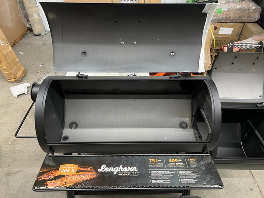 Oklahoma Joe's Longhorn Reverse Flow Smoker Black!! NEW AND ASSEMBLED, MISSING HEAT BAFFLE BUT STILL A FUNCTION-ABLE GRILL!!