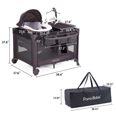 Pamo Babe 4 in 1 Portable Crib for Baby ,Nursery Center with Removable Canopy, Changing Table, Lockable Wheels, Storage Bag**New in box**