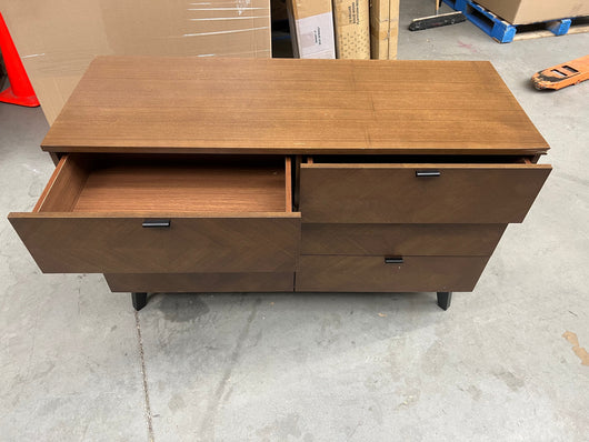 Modway Kali Mid-Century Modern Wood Dresser in Walnut!! NEW AND ASSEMBLED, DAMAGED FROM SHIPPING BUT DRESSER STILL STRUCTURALLY SOUND!!