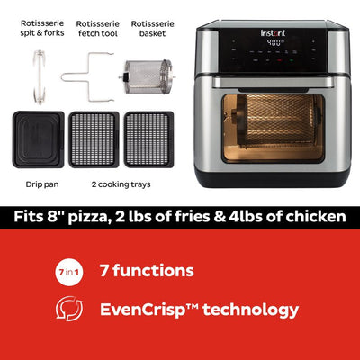 Instant Vortex Plus 10QT 7-in-1 Digital Air Fryer Oven, with Rotisserie Spit, Drip Pan, and 2 Cooking Trays, 1500W (Black, Steel)**New in Box**