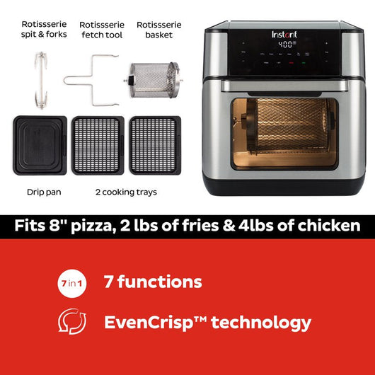 Instant Vortex Plus 10QT 7-in-1 Digital Air Fryer Oven, with Rotisserie Spit, Drip Pan, and 2 Cooking Trays, 1500W (Black, Steel)**New in Box**