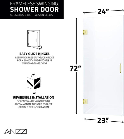 72 x 24 inch Frameless Shower Door in Brushed Gold | Fellow Water Repellent Glass Shower Door with Seal Strip Parts and Handle | 3/8 inch Glass Hinged Shower Door with Handle- NEW IN BOX!!!