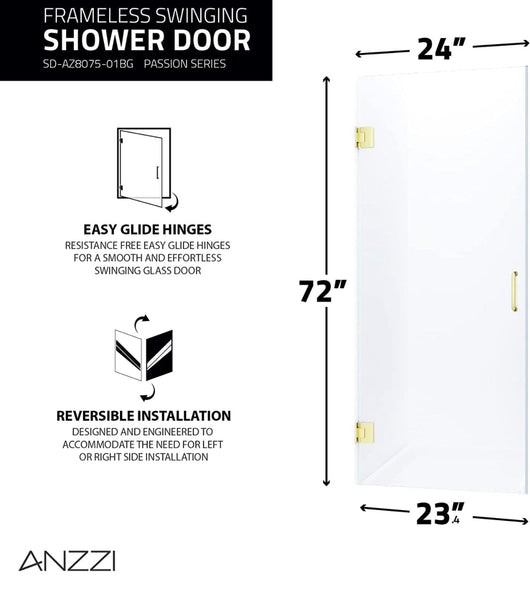 72 x 24 inch Frameless Shower Door in Brushed Gold | Fellow Water Repellent Glass Shower Door with Seal Strip Parts and Handle | 3/8 inch Glass Hinged Shower Door with Handle- NEW IN BOX!!!