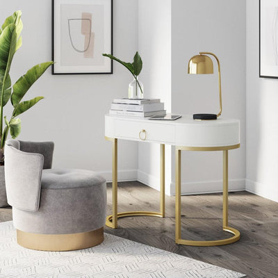 Nathan James Leighton Small Oval Desk with Glam Brass Accents, Vanity or Writing Desk for Home Office, White/Gold**New in Box**
