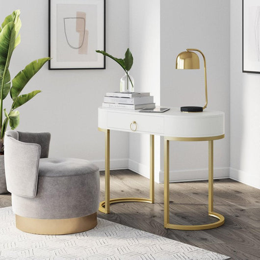 Nathan James Leighton Small Oval Desk with Glam Brass Accents, Vanity or Writing Desk for Home Office, White/Gold**New in Box**