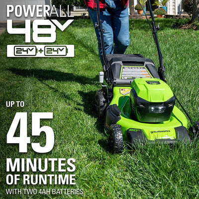 Greenworks 48V 20" Brushless Cordless Push Lawn Mower + 24V Brushless Drill / Driver, (2) 4.0Ah USB Batteries (USB Hub) and Dual Port Rapid Charger Included (2 x 24V)- NEW IN BOX