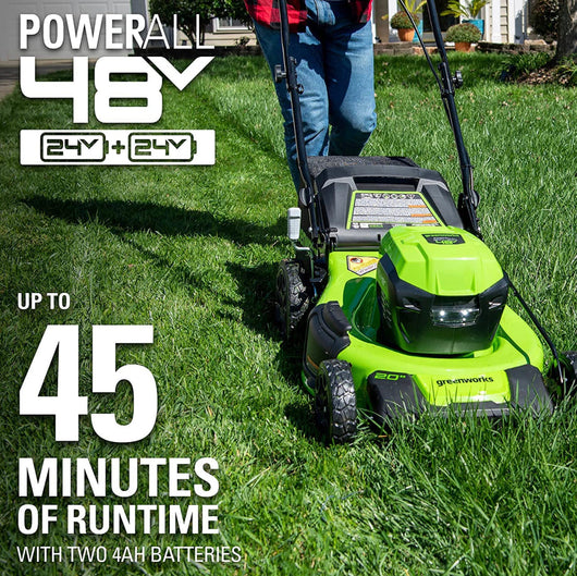 Greenworks 48V 20" Brushless Cordless Push Lawn Mower + 24V Brushless Drill / Driver, (2) 4.0Ah USB Batteries (USB Hub) and Dual Port Rapid Charger Included (2 x 24V)- NEW IN BOX