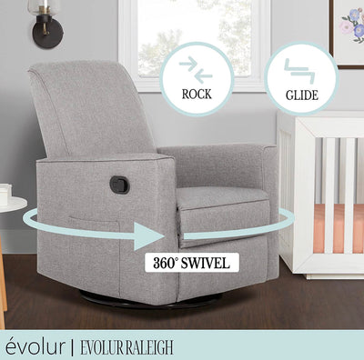 SET OF 2 Evolur Raleigh Upholstered Plush Seating Glider Swivel, Rocker, Recliner, Glider for Nursery in Light Grey, Greenguard Gold Certified, Modern Nursery Recliner, Environmentally Conscious Glider, Set of 2!! NEW OUT OF BOX!!