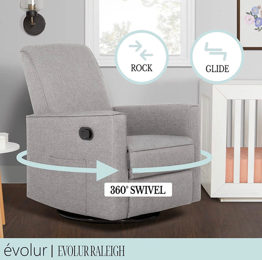 SET OF 2 Evolur Raleigh Upholstered Plush Seating Glider Swivel, Rocker, Recliner, Glider for Nursery in Light Grey, Greenguard Gold Certified, Modern Nursery Recliner, Environmentally Conscious Glider, Set of 2!! NEW OUT OF BOX!!