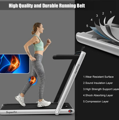 SuperFit 2.25HP 2 in 1 Dual Display Folding Treadmill Jogging Machine W/APP Control Silver- NEW OUT OF BOX!! (Missing Remote)