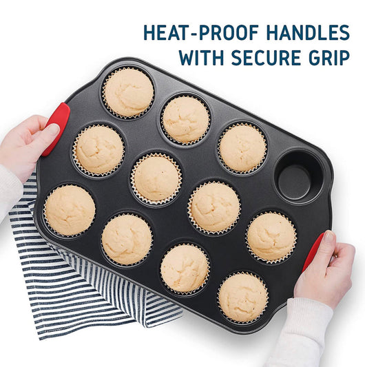 JoyTable Baking Pans Set - 15PC Baking Set with Silicone Handles, Durable Steel Baking Tray Set for Oven, BPA Free Bakeware Sets, Oven Safe Bakeware for Baking, Nonstick Set with Utensils, Black & Red- NEW IN BOX!!!!