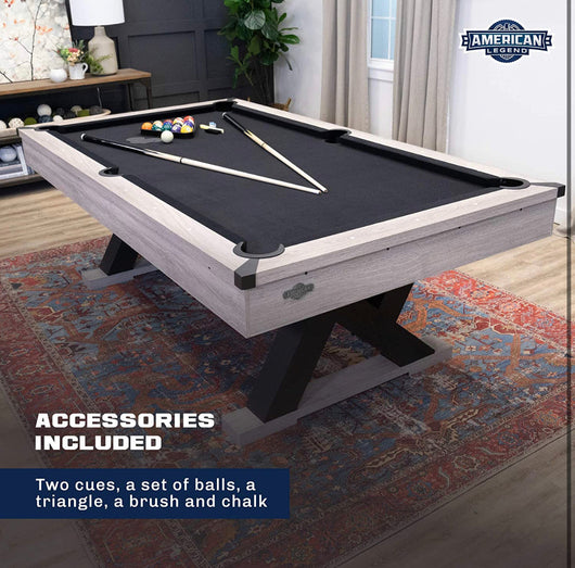 American Legend Kirkwood - 90-inch billiard table with rustic finish, K-shaped legs and black cloth, Brown!  -Brand new in the box (Assembly is required)  -Must bring truck or trailer for pick up!