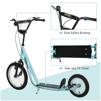 Aosom Teens Youth Scooter Ride On Toy with Adjustable Handlebar, Dual Brakes, and Inflatable Wheels For Kids 5+ - Blue- new and assembled