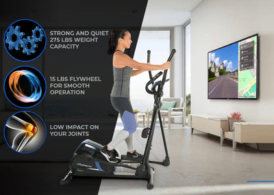 Exerpeutic Magnetic elliptical steering wheel training machine for home gym with natural elliptical movement, MyCloudFitness Bluetooth tracking and pulse rate grips, black and blue!  -Brand new in the box