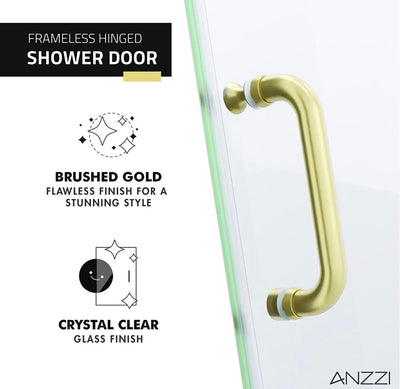 72 x 24 inch Frameless Shower Door in Brushed Gold | Fellow Water Repellent Glass Shower Door with Seal Strip Parts and Handle | 3/8 inch Glass Hinged Shower Door with Handle- NEW IN BOX!!!